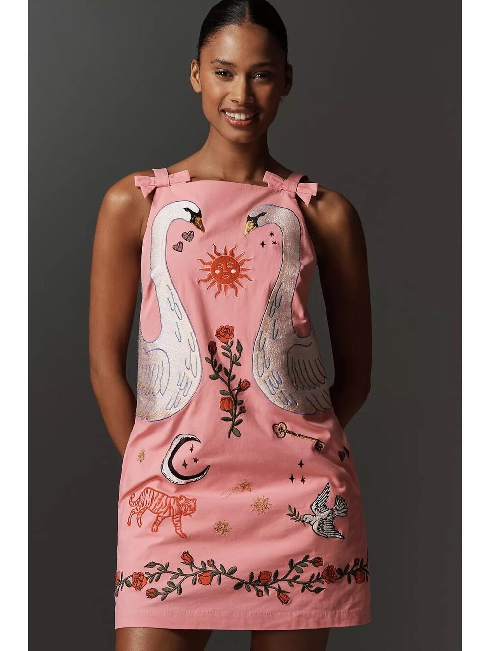 ANTHROPOLOGIE Embroidered mini shift swan bow dress